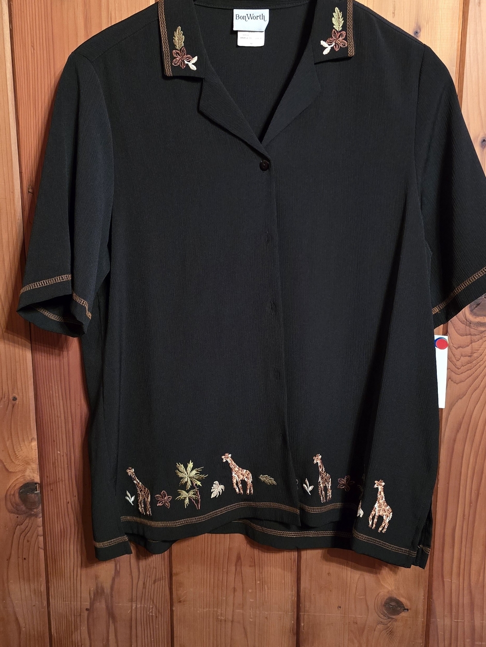 Goblincore Vintage 1990s BonWorth Black Safari Giraffe Embroidery Blouse M